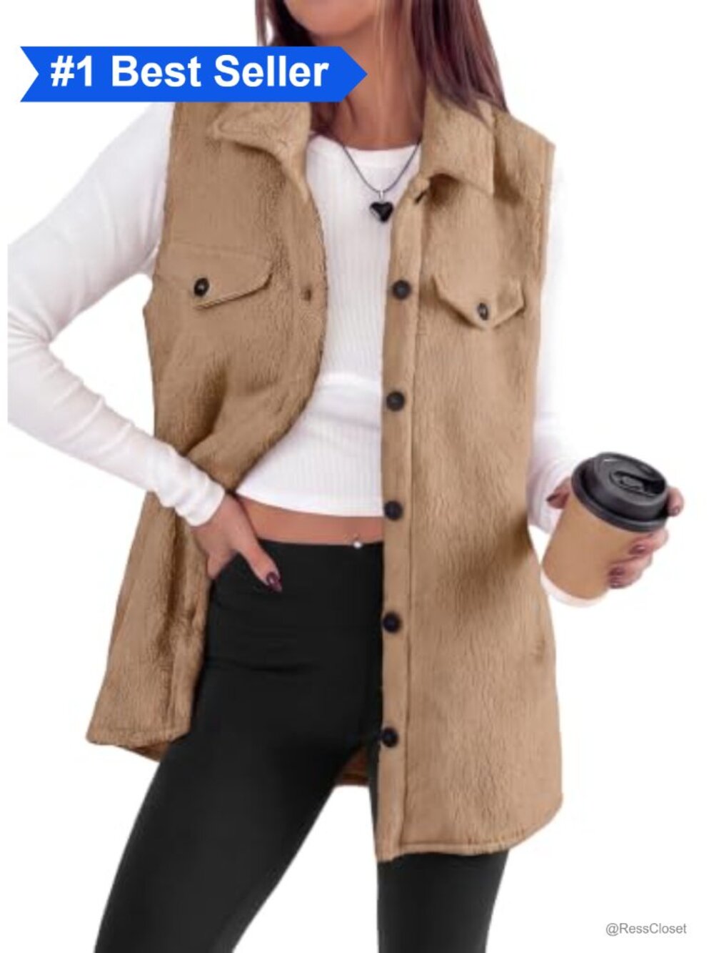 EVALESS Womens Sherpa Fleece Sleeveless Button Down Long Vest Jacket